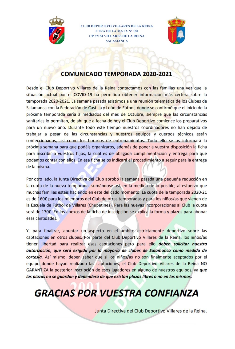 COMUNICADO DEL CLUB NUEVA TEMPORADA 2020-21