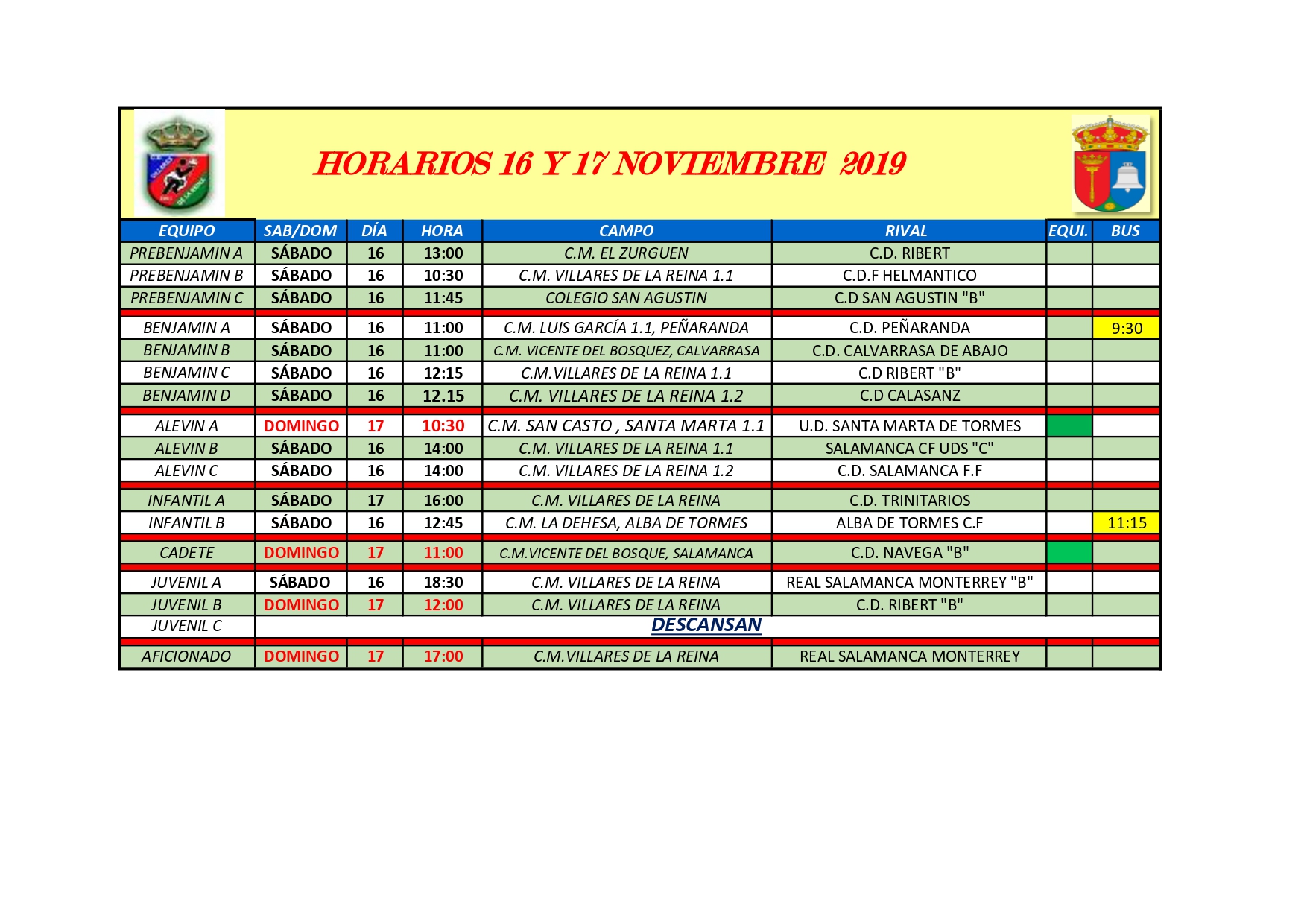 HORARIO DE FÚTBOL SÁBADO 16 Y DOMINGO 17 DE NOVIEMBRE